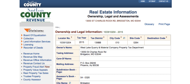 St. Louis County real estate records indicate that the West Lake Quarry & Material Co. is the owner of land inside the EPA West Lake Superfund site in Bridgeton. The quarry company is owned by the St. Louis Archdiocese, but the tax bill is sent to a post office box in Phoenix. 