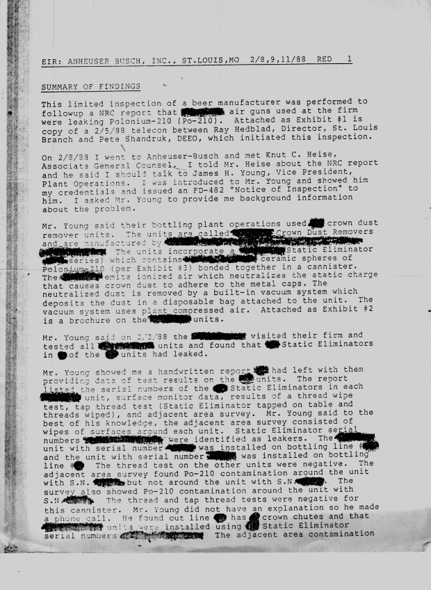 The first page of a 1988 FDA report on the leak of Polonium-210 from static air eliminators at the Anheuser-Busch brewery in St. Louis. The leaks occurred on the bottle lines not in laboratories as reported in the St. Louis Post-Dispatch. 